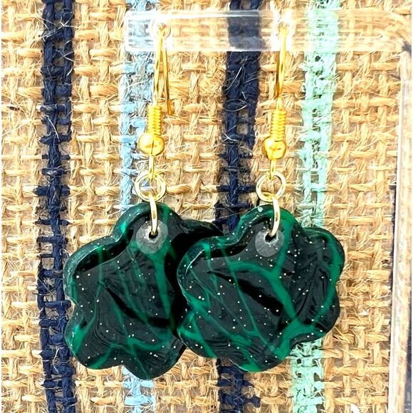 Artisan Green & Black Swirl Flower Dangle Earrings 1.75" Length Version 2 - Picture 2 of 2
